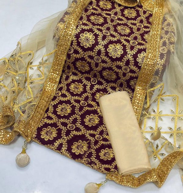 সেমী স্টিচড জর্জেট এমব্রয়ডারি থ্রী পিস