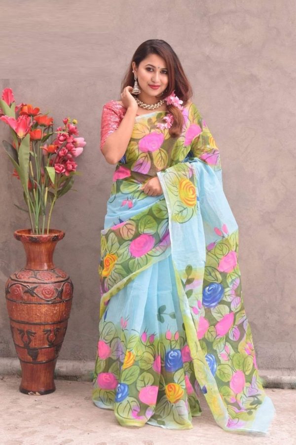 হাফ সিল্ক হ্যান্ড প্রিন্ট শাড়ি