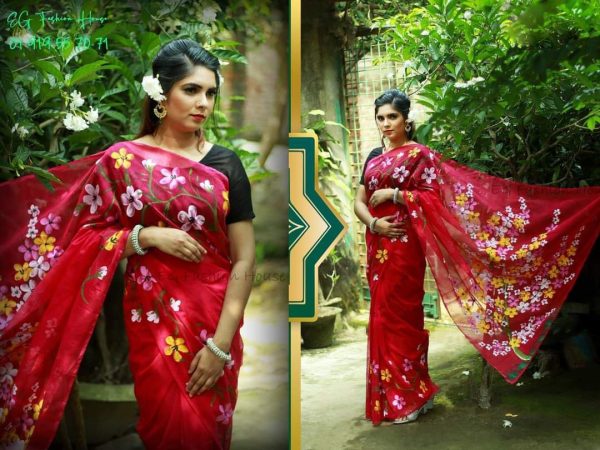হাফ সিল্ক হ্যান্ড প্রিন্ট শাড়ি