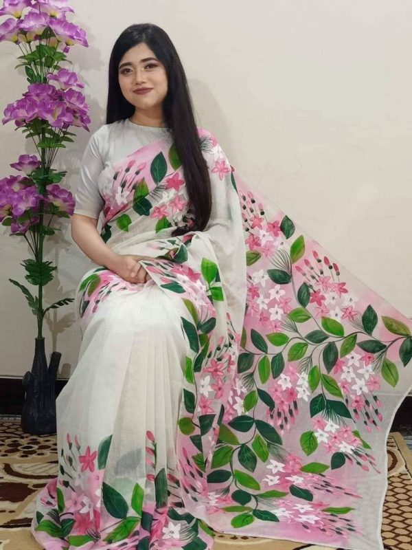 হাফ সিল্ক হ্যান্ড প্রিন্ট শাড়ি