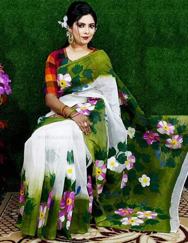 হাফ সিল্ক হ্যান্ড প্রিন্ট শাড়ি