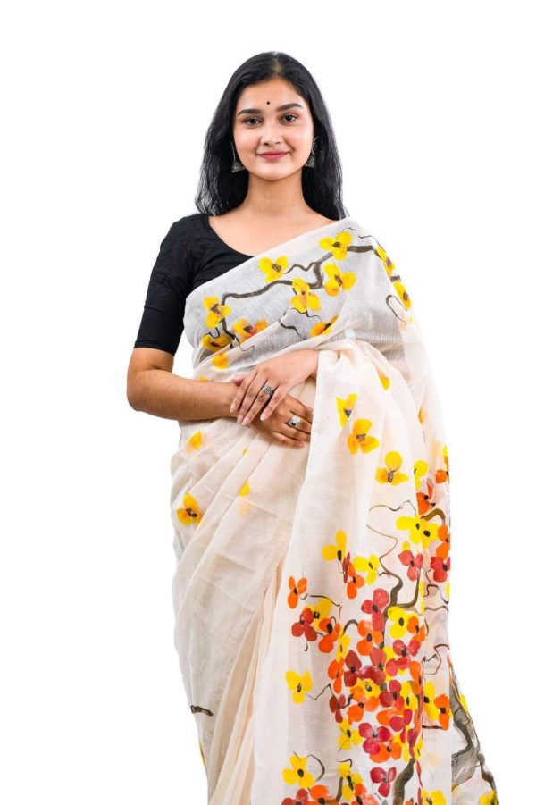 হাফ সিল্ক হ্যান্ড প্রিন্ট শাড়ি