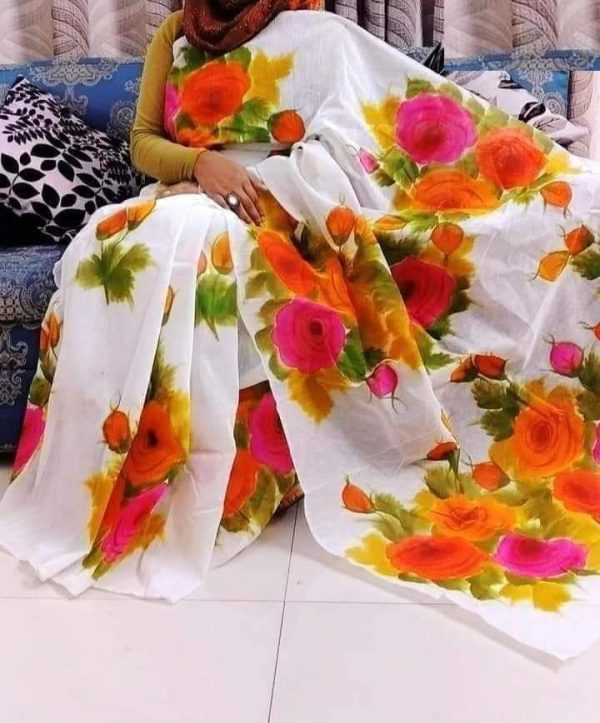 হাফ সিল্ক হ্যান্ড প্রিন্ট শাড়ি