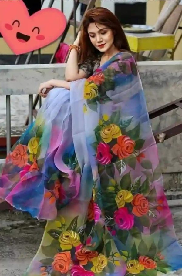 হাফ সিল্ক হ্যান্ড প্রিন্ট শাড়ি