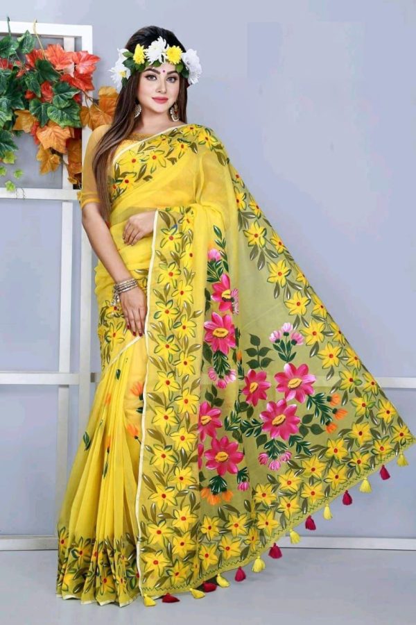 হাফ সিল্ক হ্যান্ড প্রিন্ট শাড়ি