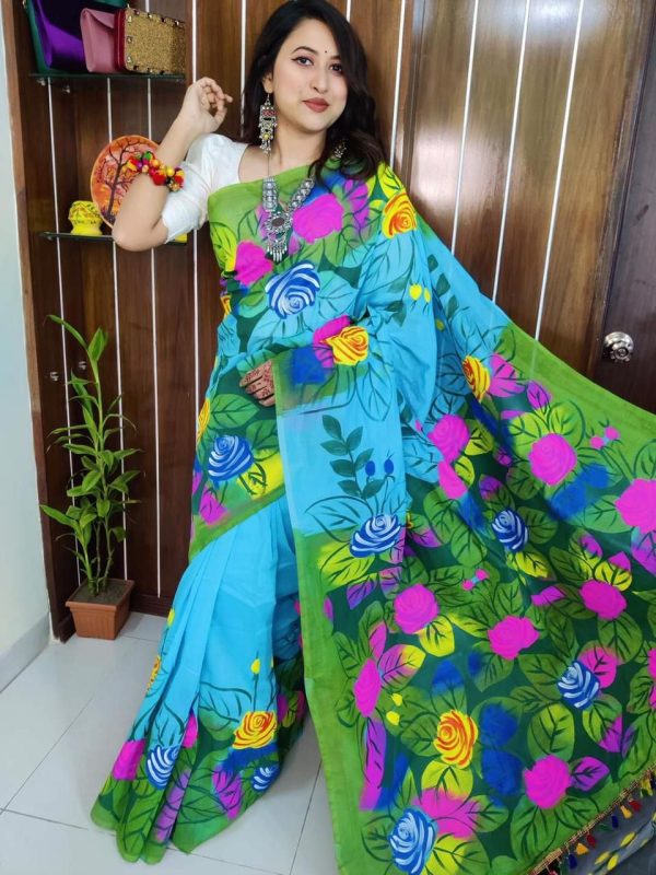 হাফ সিল্ক হ্যান্ড প্রিন্ট শাড়ি