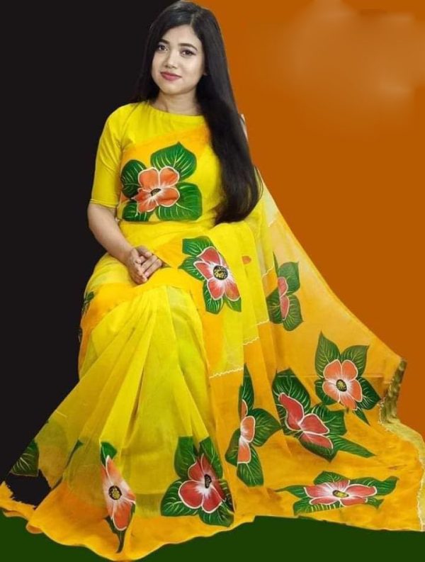 হাফ সিল্ক হ্যান্ড প্রিন্ট শাড়ি