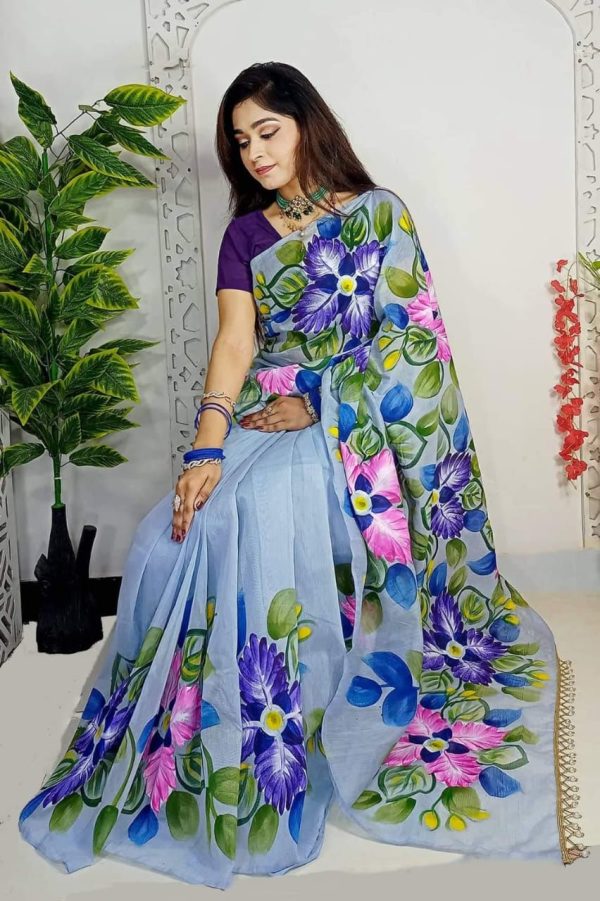 হাফ সিল্ক হ্যান্ড প্রিন্ট শাড়ি